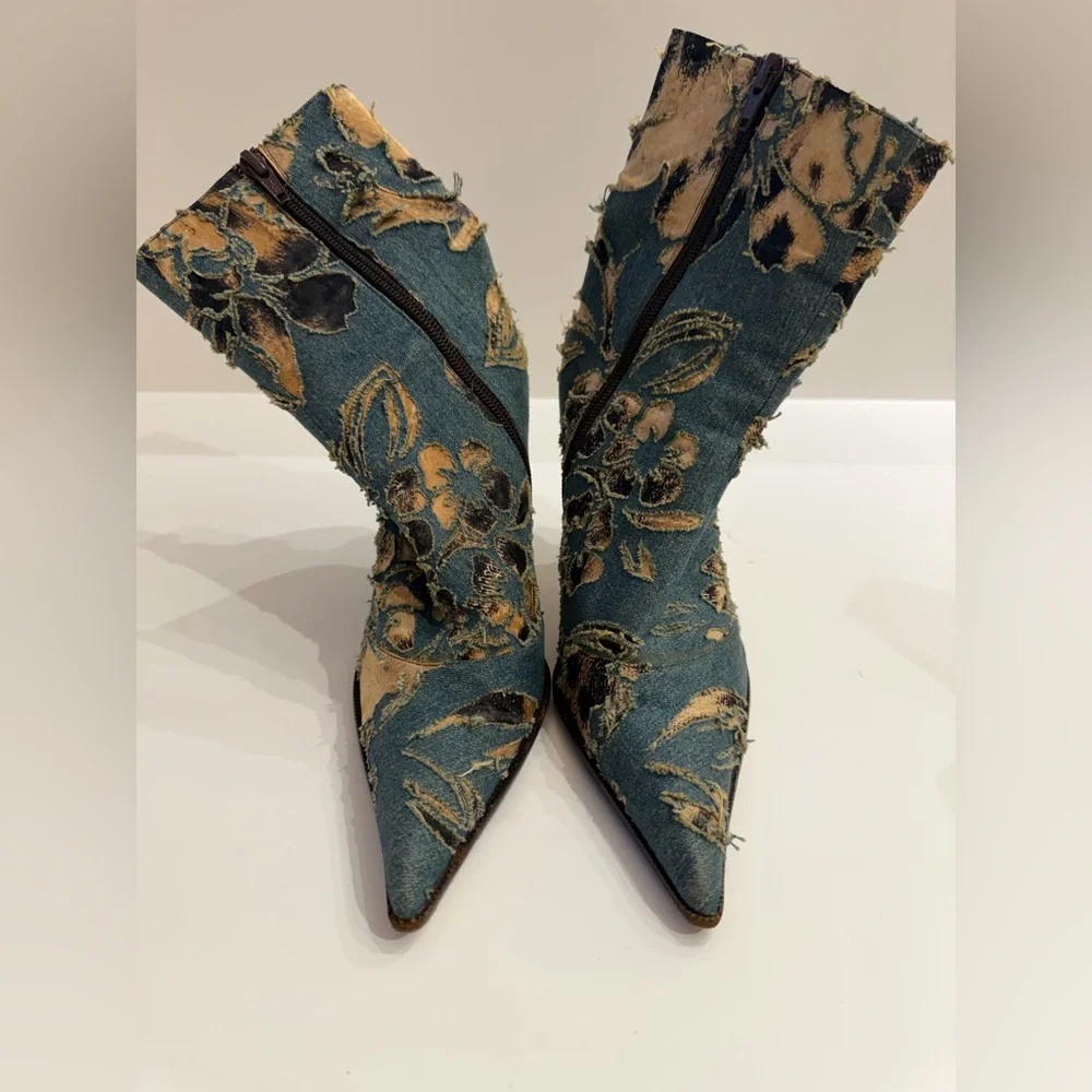 Denim Floral Embroidered Roberto Cavalli Ankle Boots - Picture 2 of 9